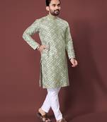 Olive sequence work soft silk straight kurta pyjama