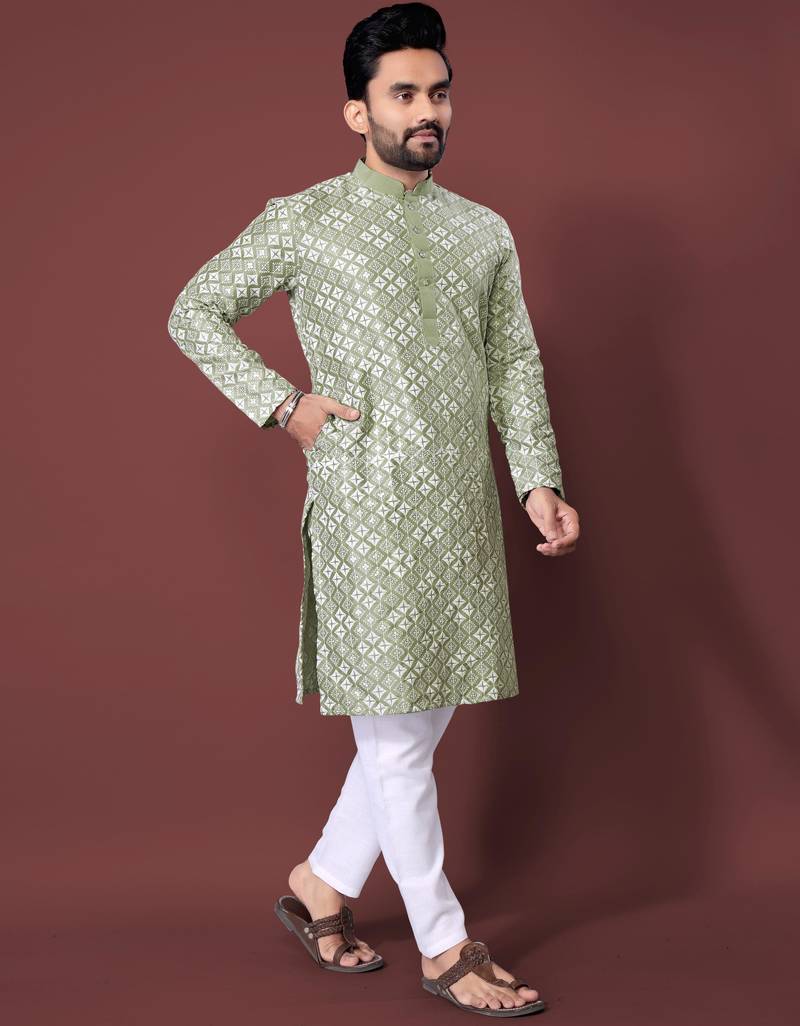 Olive sequence work soft silk straight kurta pyjama