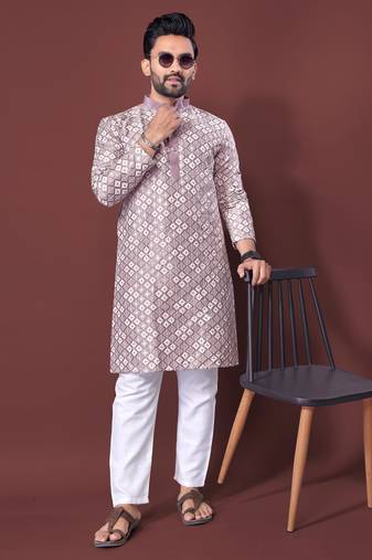 Light purple sequence work soft silk straight kurta pyjama