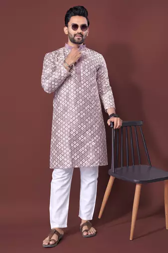 Light purple sequence work soft silk straight kurta pyjama