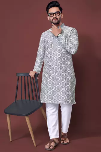 Grey sequence work soft silk straight kurta pyjama