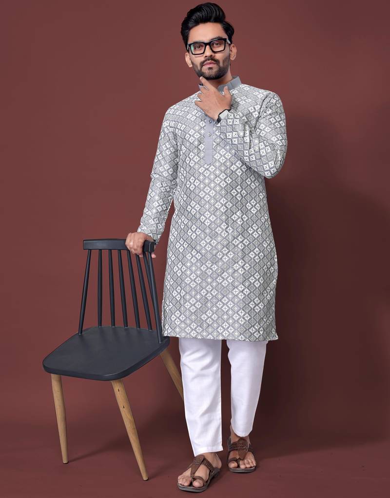Grey sequence work soft silk straight kurta pyjama