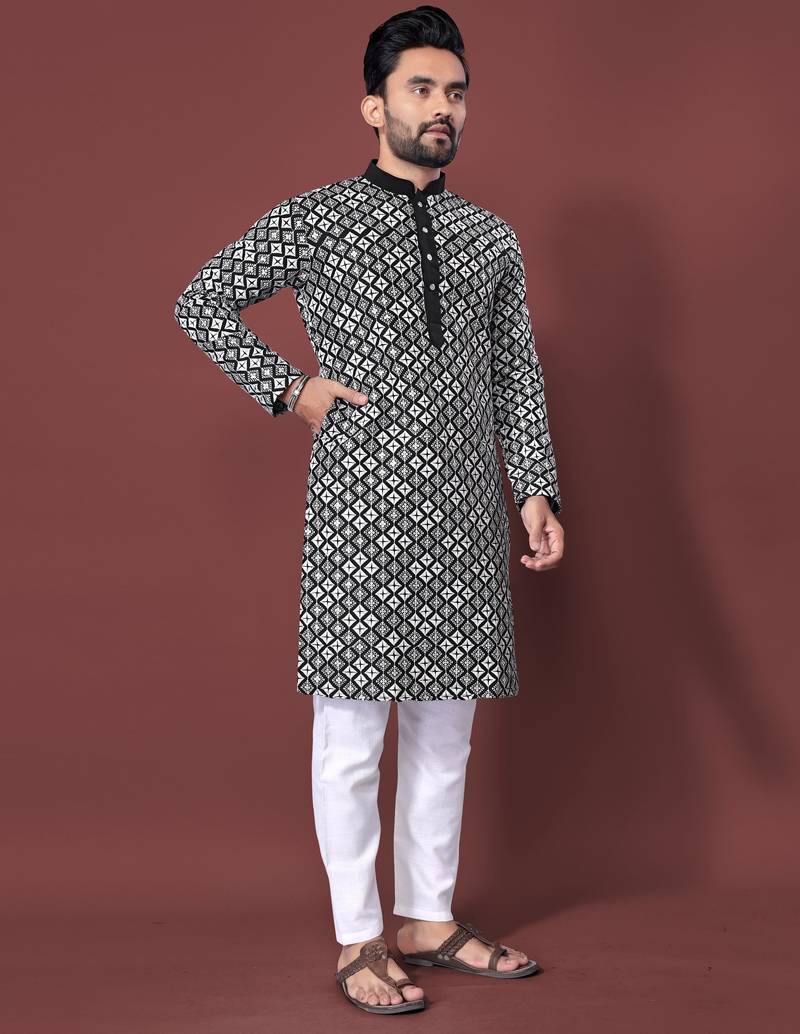 Black sequence work soft silk straight kurta pyjama