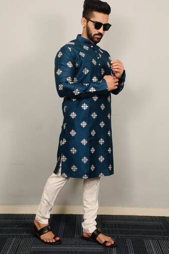 Teal sequence work soft silk straight kurta pyjama