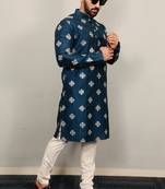 Teal sequence work soft silk straight kurta pyjama