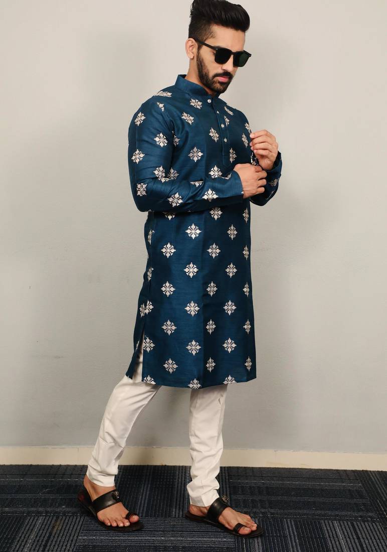 Teal sequence work soft silk straight kurta pyjama