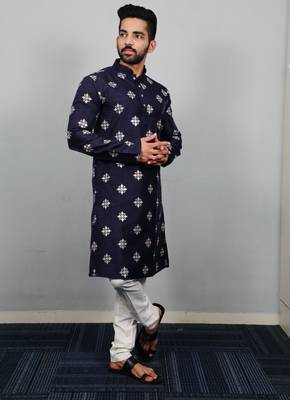 Navy blue sequence work soft silk straight kurta pyjama 1