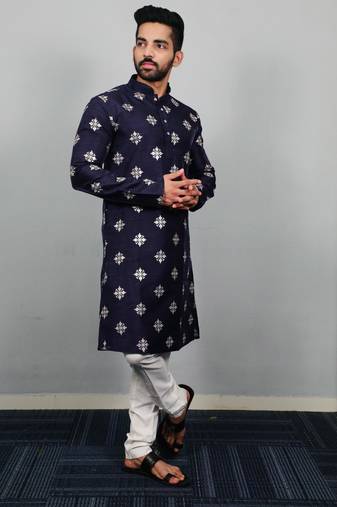 Navy blue sequence work soft silk straight kurta pyjama