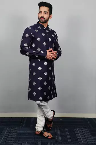 Navy blue sequence work soft silk straight kurta pyjama