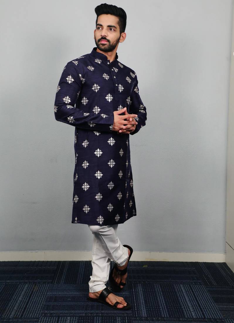 Navy blue sequence work soft silk straight kurta pyjama