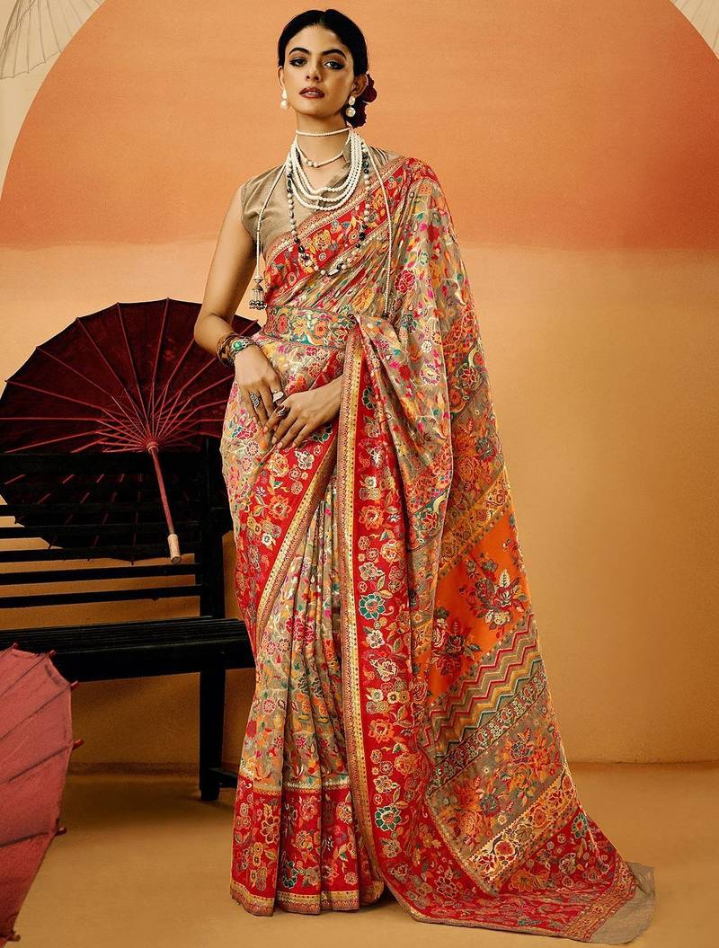 Grey Pashmina Cotton Silk Saree With Diaphanous Saree With Blouse For Women