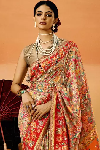 Grey Pashmina Cotton Silk Saree With Diaphanous Saree With Blouse For Women