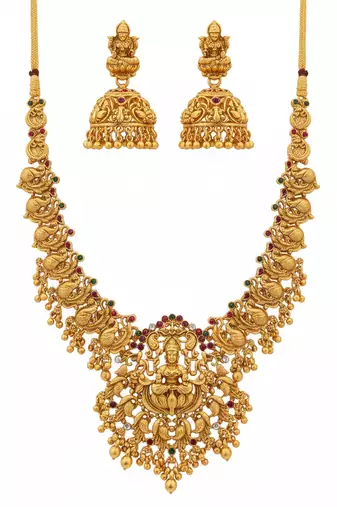 Antique gold plated temple Necklace :: set lakshmi peacock motif ethnic bridal jewelry
