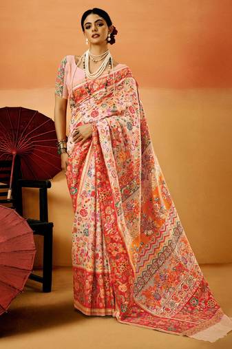 Peach Pashmina Cotton Silk Saree With Diaphanous Saree With Blouse For Women