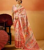 Peach Pashmina Cotton Silk Saree With Diaphanous Saree With Blouse For Women