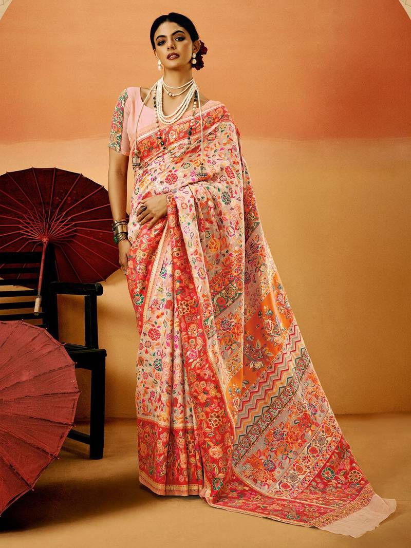 Peach Pashmina Cotton Silk Saree With Diaphanous Saree With Blouse For Women