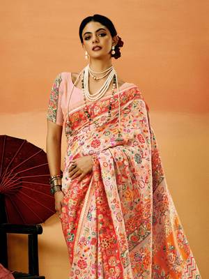 Peach Pashmina Cotton Silk Saree With Diaphanous Saree With Blouse For Women 2