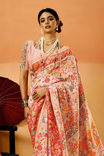 Peach Pashmina Cotton Silk Saree With Diaphanous Saree With Blouse For Women