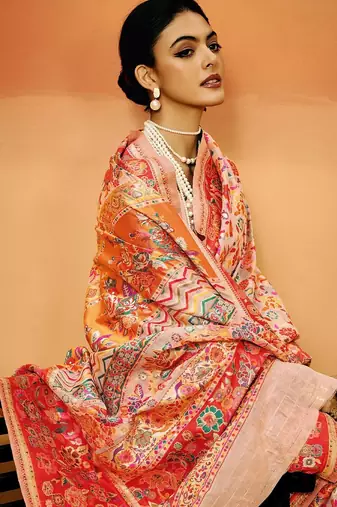 Peach Pashmina Cotton Silk Saree With Diaphanous Saree With Blouse For Women