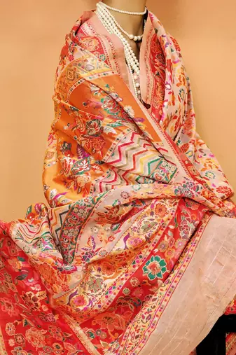 Peach Pashmina Cotton Silk Saree With Diaphanous Saree With Blouse For Women