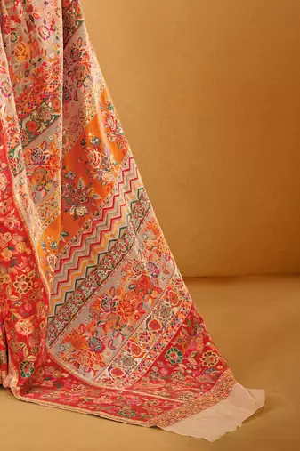 Peach Pashmina Cotton Silk Saree With Diaphanous Saree With Blouse For Women