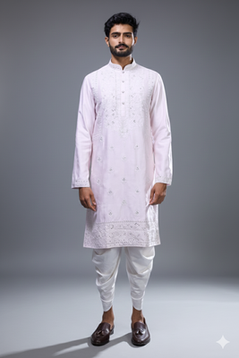 Pink silk kurta patiala for men's 1