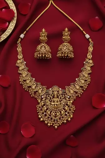Antique gold plated temple Necklace :: set lakshmi peacock motif ethnic bridal jewelry