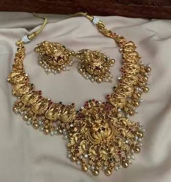 Antique gold plated temple Necklace :: set lakshmi peacock motif ethnic bridal jewelry 4