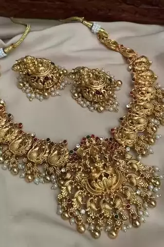 Antique gold plated temple Necklace :: set lakshmi peacock motif ethnic bridal jewelry