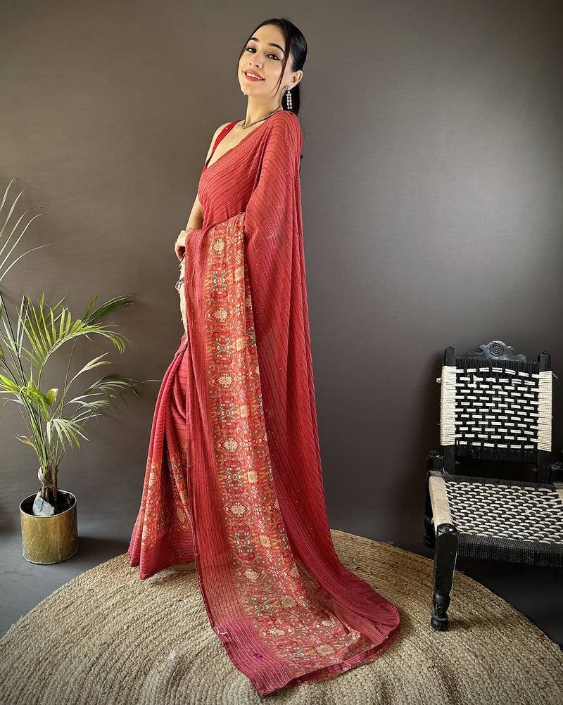 red georgette sequence attractive foil print fancy georgette saree