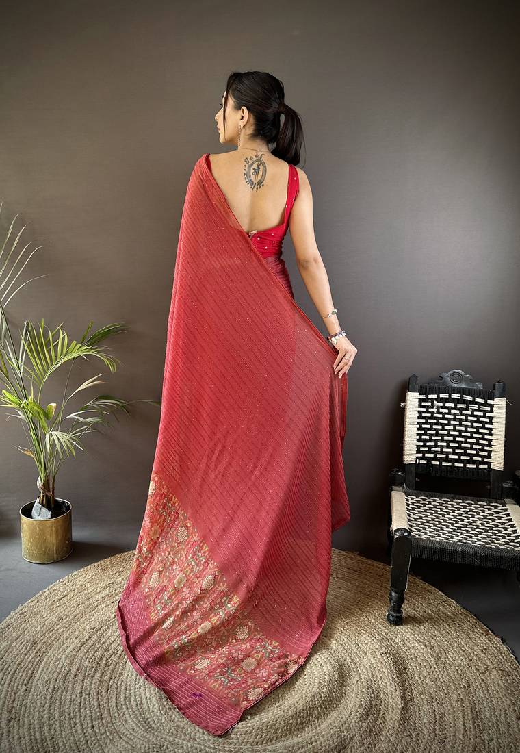 red georgette sequence attractive foil print fancy georgette saree