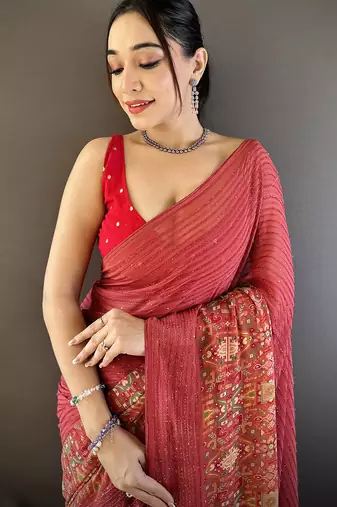 red georgette sequence attractive foil print fancy georgette saree