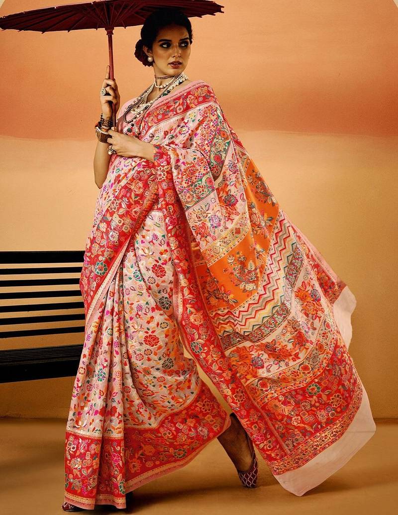 Pink Pashmina Cotton Silk Saree With Diaphanous Saree With Blouse For Women