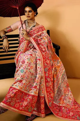 Pink Pashmina Cotton Silk Saree With Diaphanous Saree With Blouse For Women
