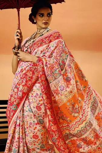 Pink Pashmina Cotton Silk Saree With Diaphanous Saree With Blouse For Women