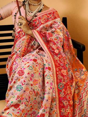 Pink Pashmina Cotton Silk Saree With Diaphanous Saree With Blouse For Women 4