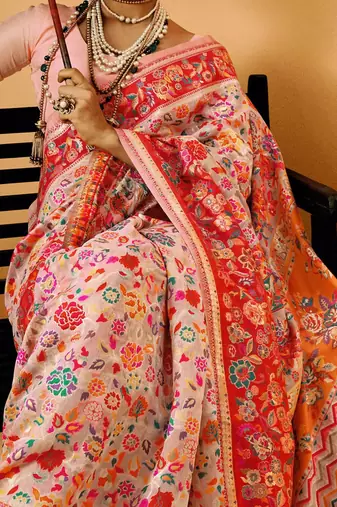 Pink Pashmina Cotton Silk Saree With Diaphanous Saree With Blouse For Women