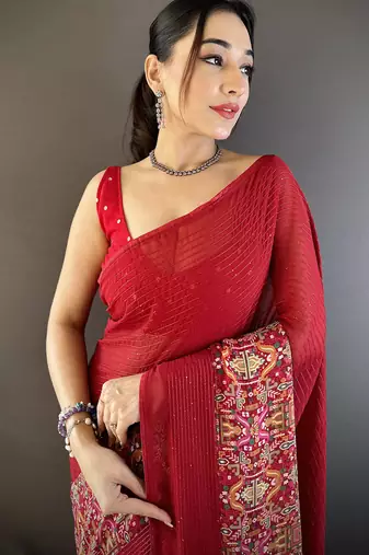 royal red georgette sequence attractive foil print fancy georgette saree