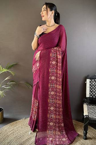 wine georgette sequence attractive foil print fancy georgette saree