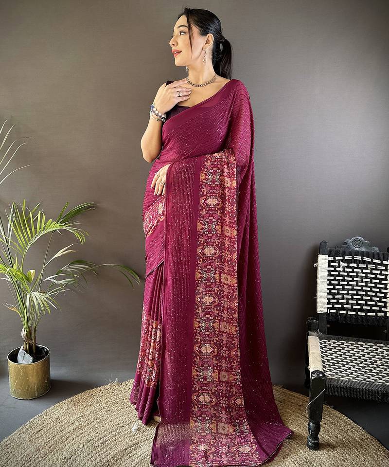 wine georgette sequence attractive foil print fancy georgette saree