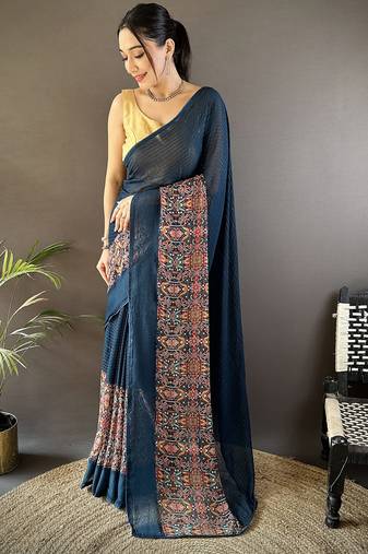 blue georgette sequence attractive foil print fancy georgette saree