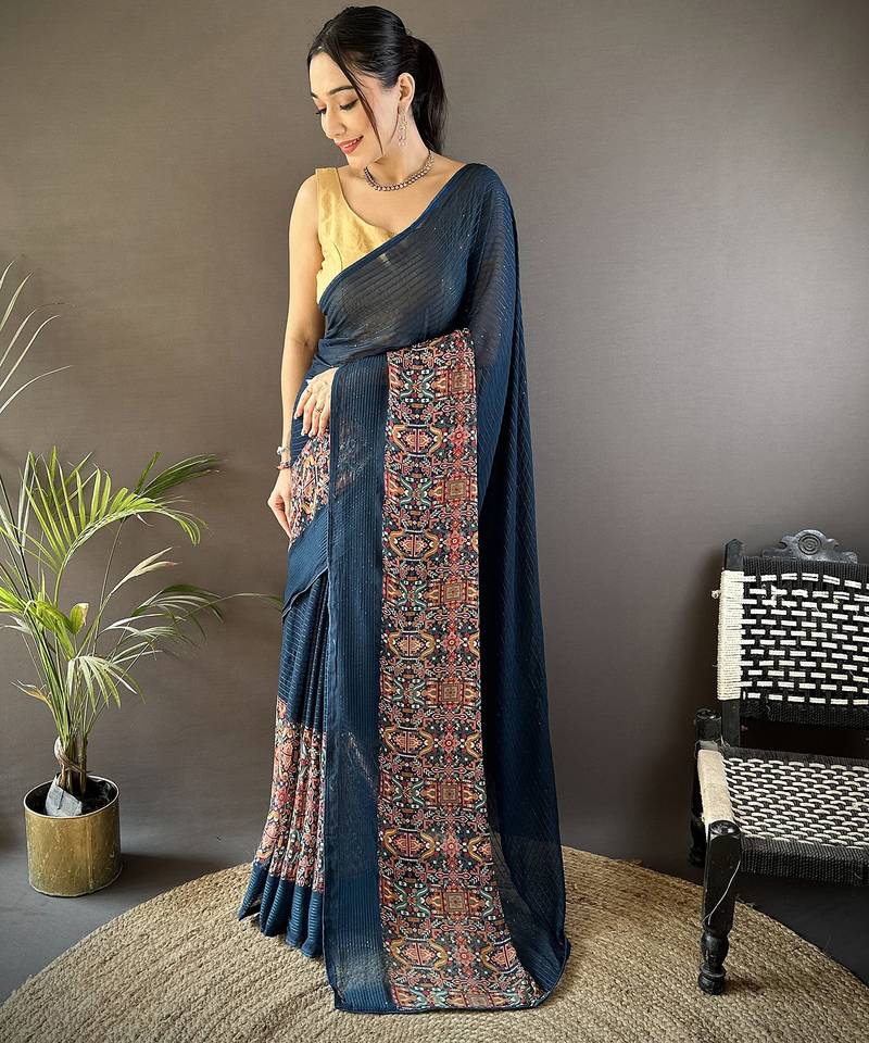 blue georgette sequence attractive foil print fancy georgette saree