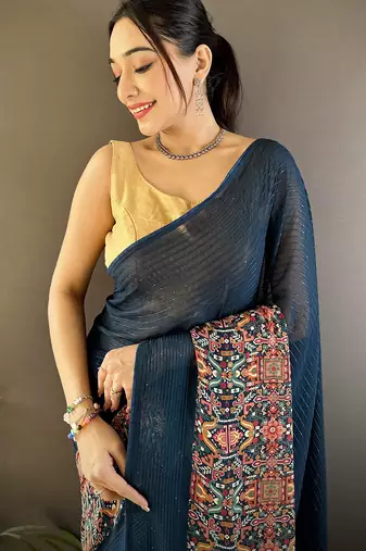 blue georgette sequence attractive foil print fancy georgette saree