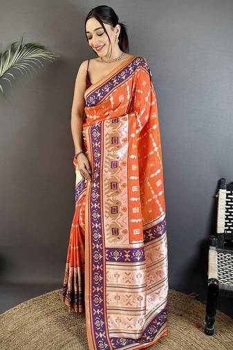 orange banarasi silk blend nature motifs zari weaving patola saree