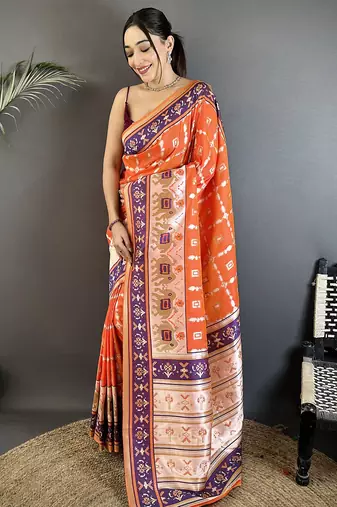 orange banarasi silk blend nature motifs zari weaving patola saree