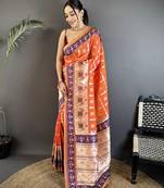 orange banarasi silk blend nature motifs zari weaving patola saree