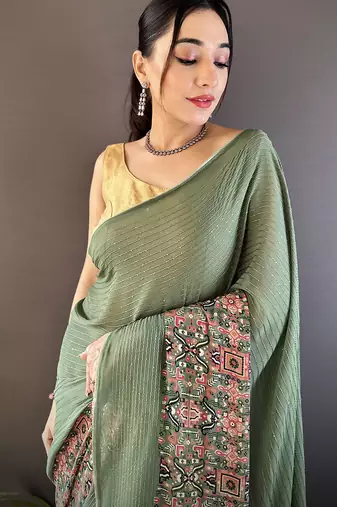 mehendi green georgette sequence attractive foil print fancy georgette saree