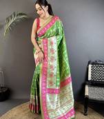 parrot green banarasi silk blend nature motifs zari weaving patola saree
