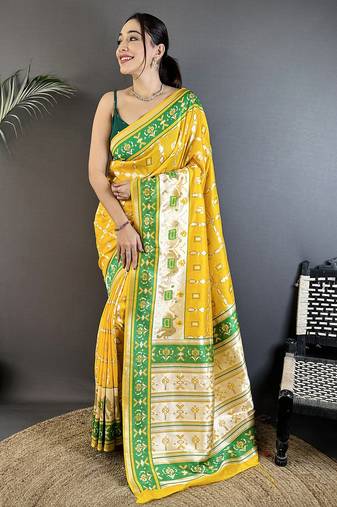yellow banarasi silk blend nature motifs zari weaving patola saree