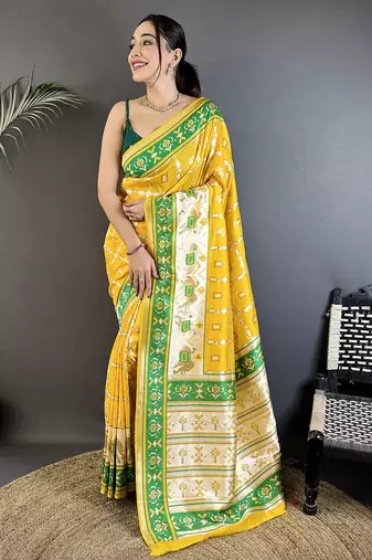 yellow banarasi silk blend nature motifs zari weaving patola saree